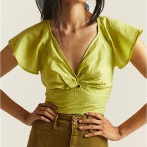 Anthropologie twist front flutter sleeve crop top lime